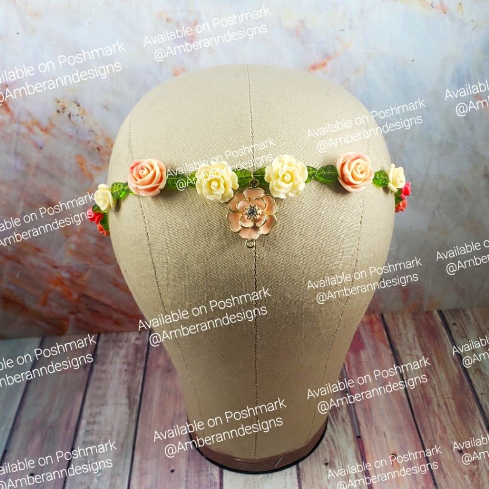 Adjustable Pink & Cream Rose Headband w/ Pink Charm